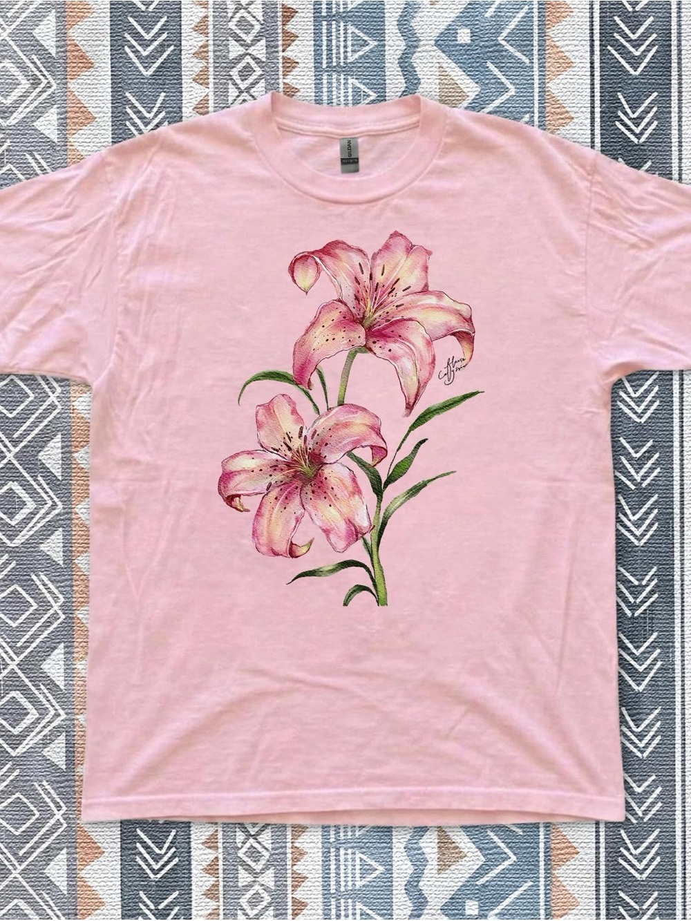Gildan Pink Floral Lily Graphic Tee | Unisex Heavy Cotton T-Shirt